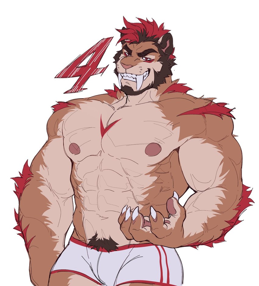 abs anthro arm_tuft beard biceps brown_hair chest_markings claws clothed clothing deltoids facial_hair fangs finger_claws fur hair male markings muscular muscular_anthro muscular_male nipples number obliques pawpads pecs pubes red_eyes red_hair sabertooth_(anatomy) shoulder_tuft smile solo tan_body tan_fur teeth toothy_grin topless tuft underwear white_clothing white_underwear estper four_(estper) felid mammal pantherine prehistoric_species saber-toothed_tiger hi_res