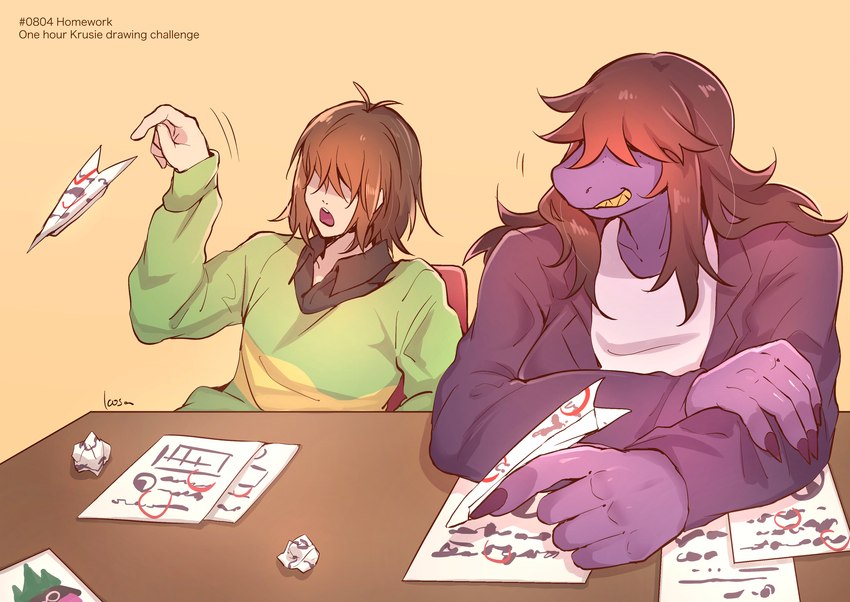 5_fingers anthro biped brown_hair chair clothing coat drawing duo female fingers freckles furniture hair hair_over_eyes male open_mouth paper purple_body purple_skin sharp_teeth shirt simple_background sitting smile table teeth text topwear yellow_teeth kosafordraw deltarune undertale_(series) kris_(deltarune) susie_(deltarune) human mammal reptile scalie english_text hi_res