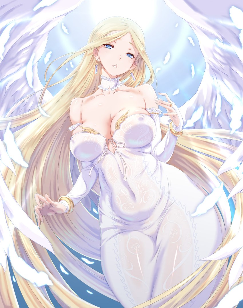 big_breasts blonde_hair blue_eyes bracelet breasts cleavage clothed clothing dress ear_piercing eyelashes feathered_wings feathers female hair jewelry long_hair looking_at_viewer navel_outline nipple_outline piercing ring sky solo sun tan_body tan_skin thick_thighs white_body white_clothing white_dress white_feathers white_wings wide_hips wings kous castlevania castlevania:_dawn_of_sorrow konami angel humanoid winged_humanoid hi_res