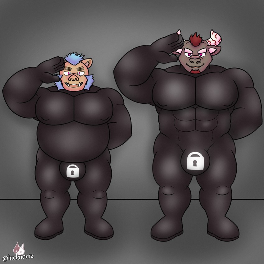 anthro barazoku clothing corruption drone duo gesture horn hypnosis latex latex_clothing latex_skinsuit lock_bulge lock_symbol male male/male mind_control multiple_subs muscular muscular_male muscular_sub null_bulge overweight overweight_male pecs salute skinsuit submissive tight_clothing lucknomz lifewonders tokyo_afterschool_summoners ganglie_(tas) gyumao_(tas) bovid bovine cattle mammal suina 1:1 hi_res