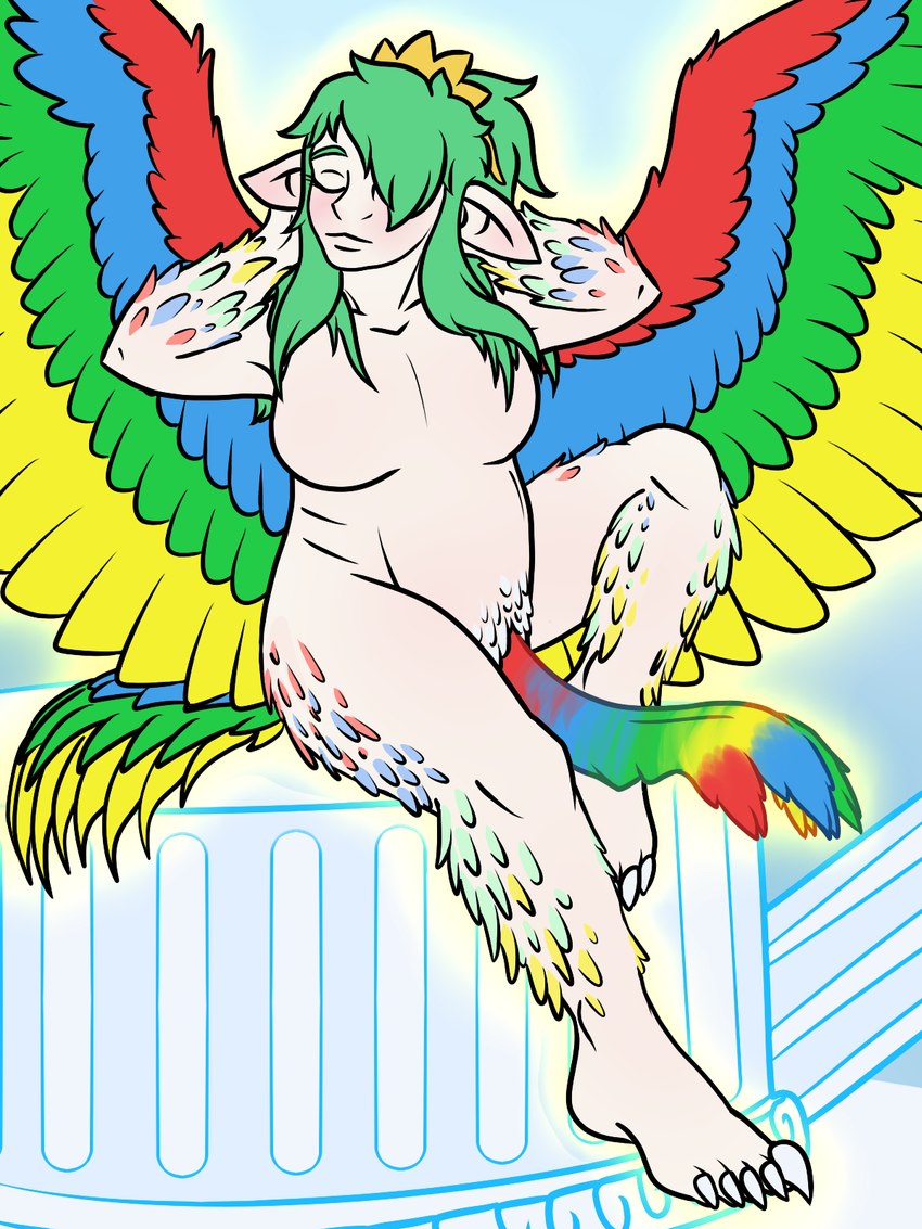 breasts claws crown eyes_closed feathered_tail feathered_wings feathers female genitals green_hair gynomorph hair headgear humanoid_pointy_ears intersex light multicolored_body multicolored_feathers multicolored_genitals multicolored_wings nude pillar pointy_ears sitting slightly_chubby solo tail toe_claws unusual_anatomy unusual_genitalia wings sandentwins slightly_damned mother_gaia_(slightly_damned) angel deity humanoid 3:4 hi_res