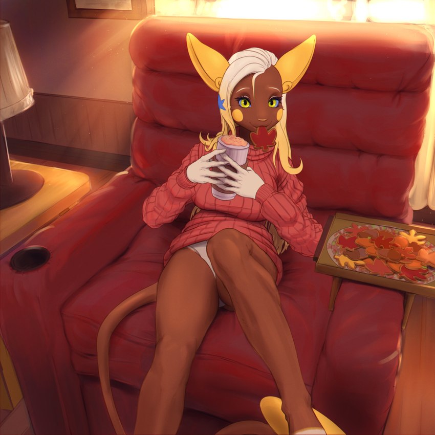 anthro armchair blonde_hair brown_body chair clothing container cookie cup day detailed_background female food food_in_mouth furniture hair holding_container holding_cup holding_object hot_drink inside lamp light light_beam long_hair looking_at_viewer markings pokemorph sitting solo star_(marking) sunbeam sunlight sweater topwear window yellow_eyes drxsmokey nintendo pokemon alolan_form alolan_raichu generation_7_pokemon pokemon_(species) regional_form_(pokemon) 1:1 hi_res