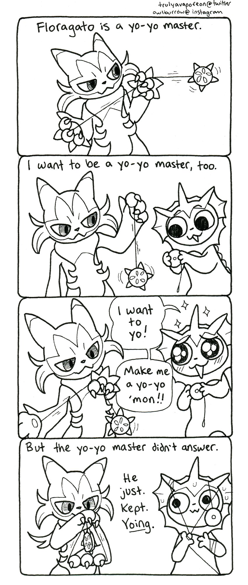 3_fingers 4_panel_comic :3 ambiguous_gender anthro base_one_layout biped black_eyes black_nose blush bodily_fluids cheek_tuft claws dialogue duo ear_fins entangled facial_tuft featureless_crotch feral fin finger_claws fingers four_frame_image frill_(anatomy) front_view glistening glistening_eyes head_fin holding_object holding_toy holding_yo-yo looking_at_another neck_frill nude open_mouth playing playing_with_toys semi-anthro speech_bubble standing sweat sweatdrop text toy tuft yo-yo trulyavaporeon nintendo pokemon eeveelution felid feline floragato generation_1_pokemon generation_9_pokemon mammal marine pokemon_(species) vaporeon 2023 black_and_white comic english_text hi_res monochrome pen_(artwork) traditional_media_(artwork) url