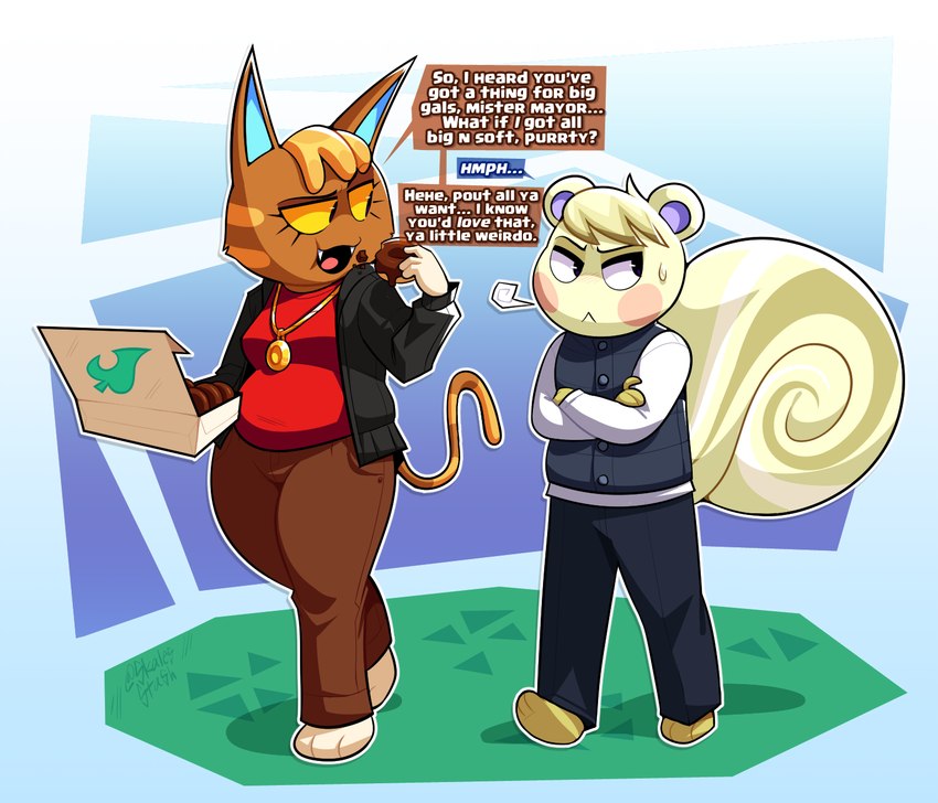 anthro brown_body clothed clothing dialogue duo eating female food fully_clothed male slightly_chubby slightly_chubby_anthro slightly_chubby_female speech_bubble teasing text yellow_body skalesstash animal_crossing nintendo katt_(animal_crossing) marshal_(animal_crossing) domestic_cat felid feline felis mammal rodent sciurid tree_squirrel 2024 english_text hi_res