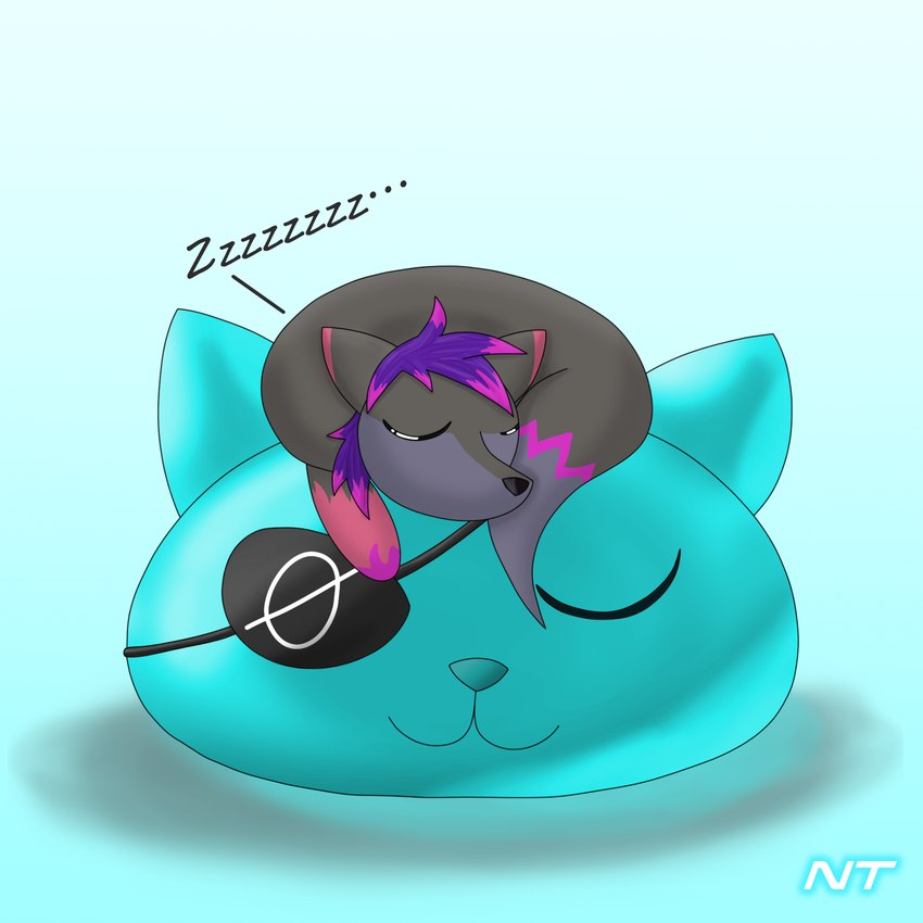 ambiguous_gender blue_body chibi curled_up duo eye_patch eyewear feral fur grey_body grey_fur hair highlights_(coloring) lying_on_another male multicolored_hair pink_body pink_fur pink_highlights purple_hair simple_background sleeping translucent translucent_body ninjatreecko ashe_infinity zero_the_slime canid canine felid feline fox goo_creature mammal slime_(blob) 1:1 hi_res