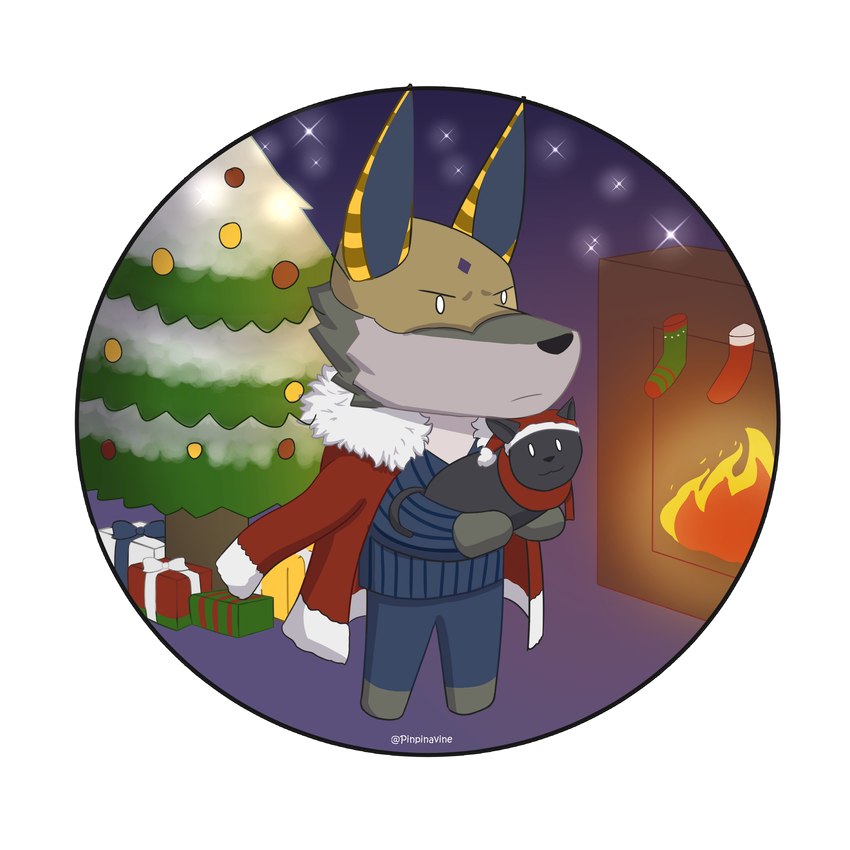 anthro biped black_nose chibi christmas_tree clothed clothing coat coat_cape duo feral fur grey_body grey_fur holidays lifted male mask plant simple_eyes standing suit topwear tree pinpinavine christmas dislyte lilith_games sander_(dislyte) anubian_jackal canid canine canis domestic_cat felid feline felis jackal mammal 1:1 2022 absurd_res artist_name full-length_portrait hi_res portrait