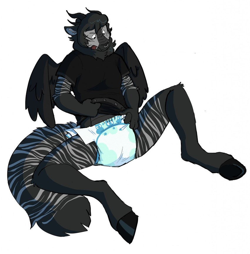 ageplay anthro black_body black_fur clean_diaper clothed clothing diaper dressing facial_piercing fur grey_body grey_fur hooves horn male markings nose_piercing nose_ring onesie open_diaper open_onesie piercing putting_on_diaper ring_piercing roleplay simple_background sitting solo striped_body striped_fur striped_markings stripes struggling tongue tongue_out wearing_diaper white_background wings slusheep species_request 2019 hi_res