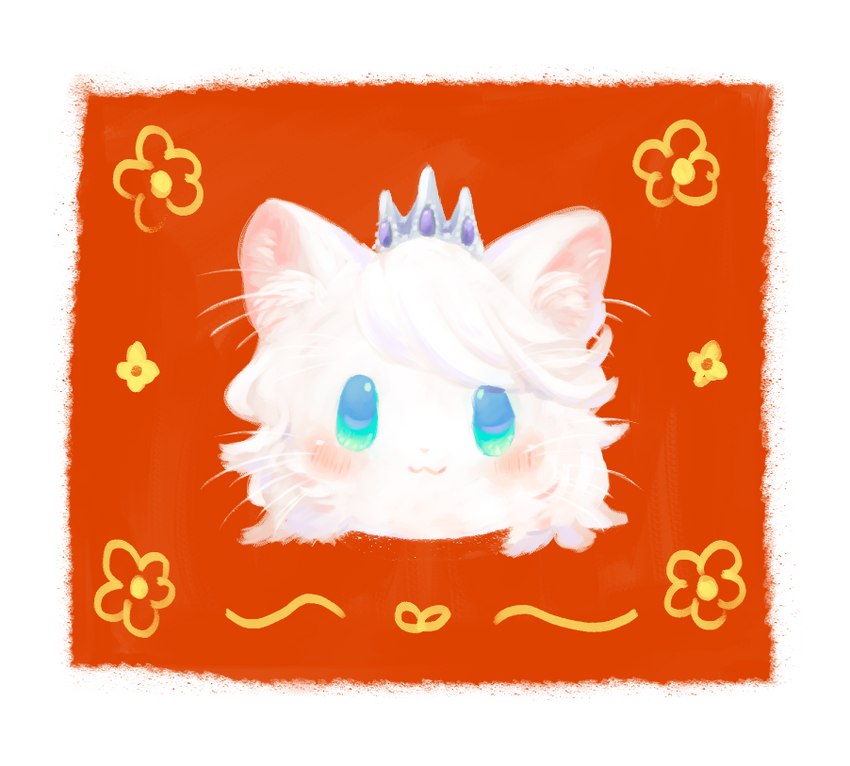 :3 abstract_background anthro bangs blue_eyes blush border crown female female_anthro flower fur hair head_only headgear inner_ear_fluff looking_at_viewer orange_background pink_nose plant short_hair simple_background solo tiara tuft whiskers white_body white_border white_fur white_hair cocri princess_koyuki_(cocri) domestic_cat felid feline felis mammal headshot_portrait portrait