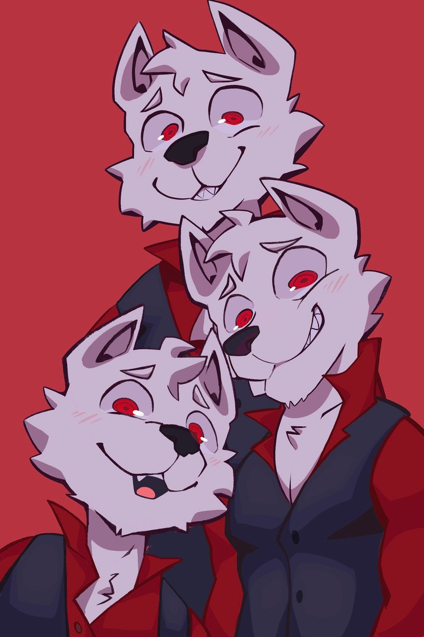 anthro blush blush_lines clothing crossgender fur group hair looking_at_viewer male red_eyes simple_background smile standing suit teeth trio white_body white_fur rygel_spkb helltaker cerberus_(helltaker) canid canine canis mammal wolf hi_res