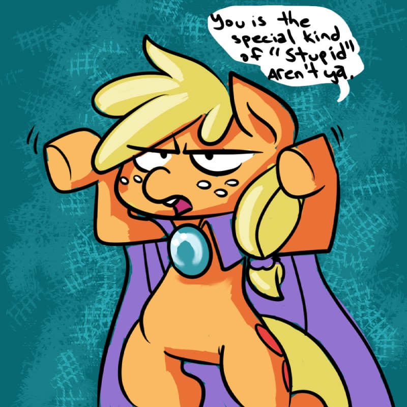 blonde_hair cape clothing cutie_mark dialogue female feral freckles fur green_eyes hair long_hair open_mouth orange_body orange_fur quadruped solo standing teeth text fauxsquared friendship_is_magic hasbro my_little_pony applejack_(mlp) earth_pony equid equine horse mammal pony 1:1 english_text