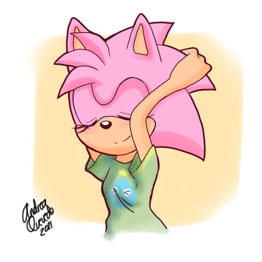 anthro black_nose blush clothing eyelashes female fur glossy_eyed pink_body pink_fur shirt simple_background solo topwear andreasonicka sega sonic_the_hedgehog_(series) amy_rose eulipotyphlan hedgehog mammal 1:1 signature