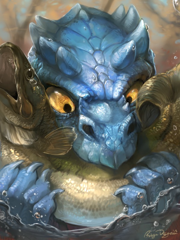 ambiguous_gender anthro eating fish_meat food horn meat scales solo yellow_eyes rhyu mythology jaavik dragon fish kobold marine mythological_creature mythological_scalie scalie 3:4 bust_portrait digital_media_(artwork) hi_res portrait