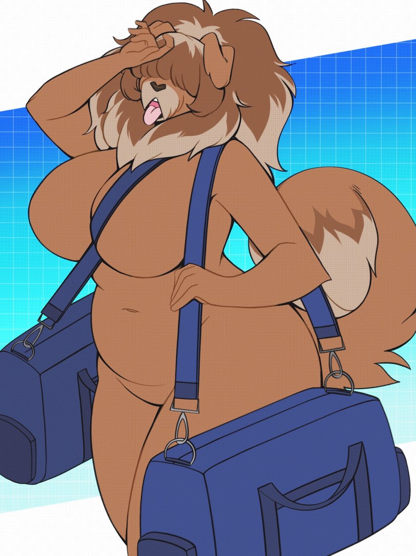 anthro bag big_breasts breasts female hair hair_over_eyes hand_on_head huge_breasts raised_tail slightly_chubby slightly_chubby_female smile solo tail thick_thighs tongue tongue_out travel_bag amy_jenssen juno_(charliecorvinus) canid canine canis domestic_dog livestock_guardian_dog mammal molosser mountain_dog pastoral_dog tibetan_mountain_dog absurd_res hi_res