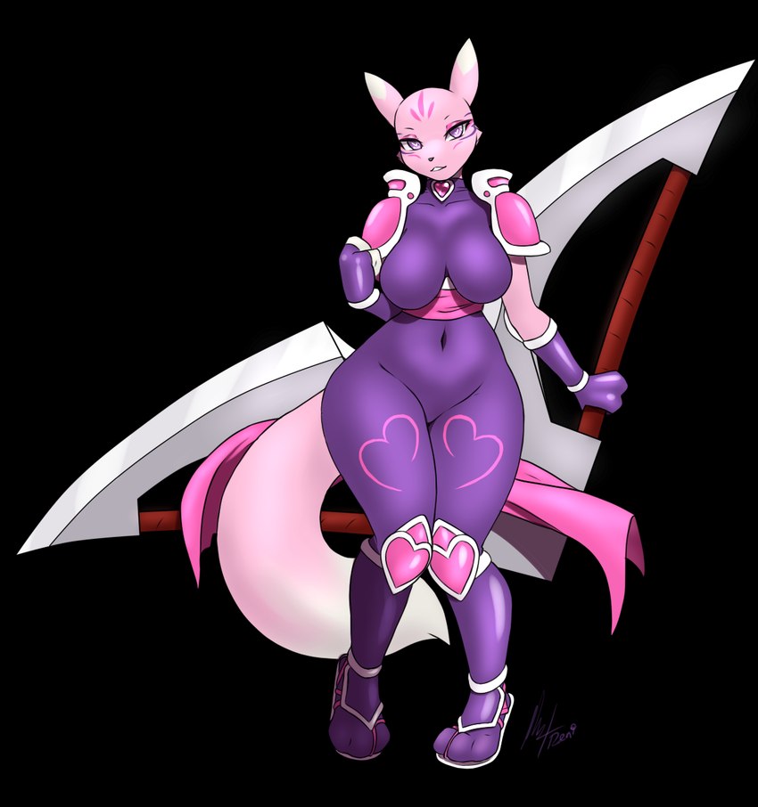 anthro armor big_breasts bodysuit boomerang breasts clothing female fur gauntlets gem gloves handwear heart_eyes heart_symbol markings nanayamon pink_body pink_fur sash shoulder_pads skinsuit solo tight_clothing white_body white_fur furball bandai_namco digimon palworld pocketpair l'amoremon digimon_(species) hybrid lovander pal_(species) renamon hi_res