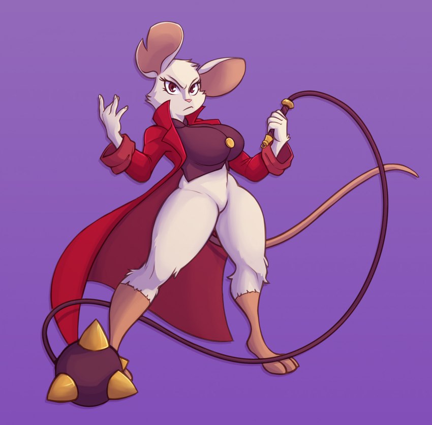 3_toes anthro barefoot big_breasts big_ears bottomless breasts cheek_tuft clothed clothing coat eyelashes facial_tuft featureless_crotch feet female frown fur head_tuft holding_object holding_weapon looking_at_viewer notched_ear plantigrade purple_background red_clothing red_eyes simple_background solo spiked_ball tan_body thick_thighs toes topwear tuft weapon whip white_body white_fur wide_hips obscenepaladin mina_the_hollower yacht_club_games mina_(mina_the_hollower) mammal mouse murid murine rodent hi_res