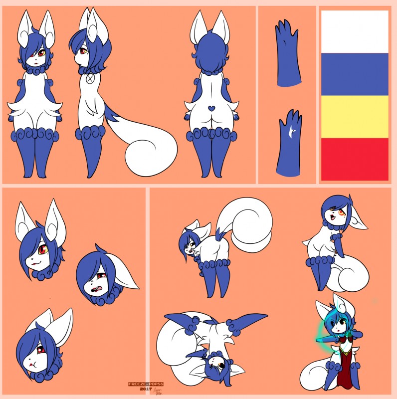 anthro blue_body blue_fur blue_hair border featureless_chest female fur hair orange_border red_eyes solo white_body white_fur yellow_eyes freeze-pop88 nintendo pokemon felid generation_6_pokemon mammal meowstic pokemon_(species) hi_res