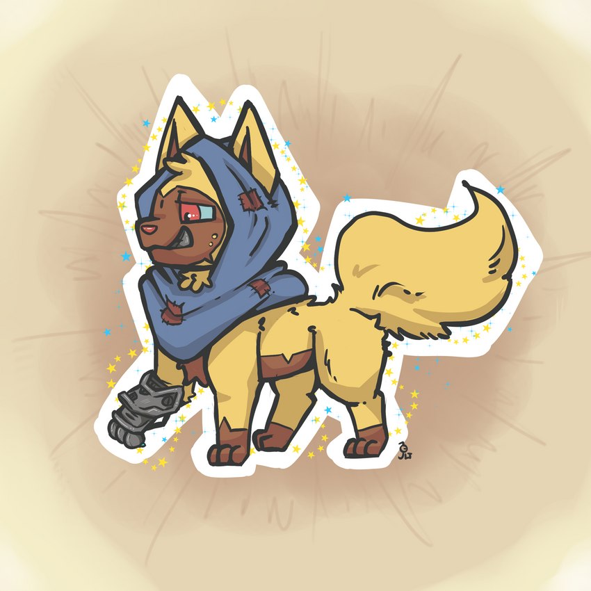 ambiguous_gender bionic_leg bionics blue_sclera brown_body brown_fur cybernetic_leg cybernetic_limb feral fur hood hood_only mostly_nude multicolored_body multicolored_fur quadruped red_eyes side_view simple_background solo two_tone_body two_tone_fur yellow_body yellow_fur aztepyeen nintendo pokemon fan_character farrow_(aztepyeen) generation_3_pokemon pokemon_(species) poochyena shiny_pokemon 1:1 2022 absurd_res hi_res male_(lore)