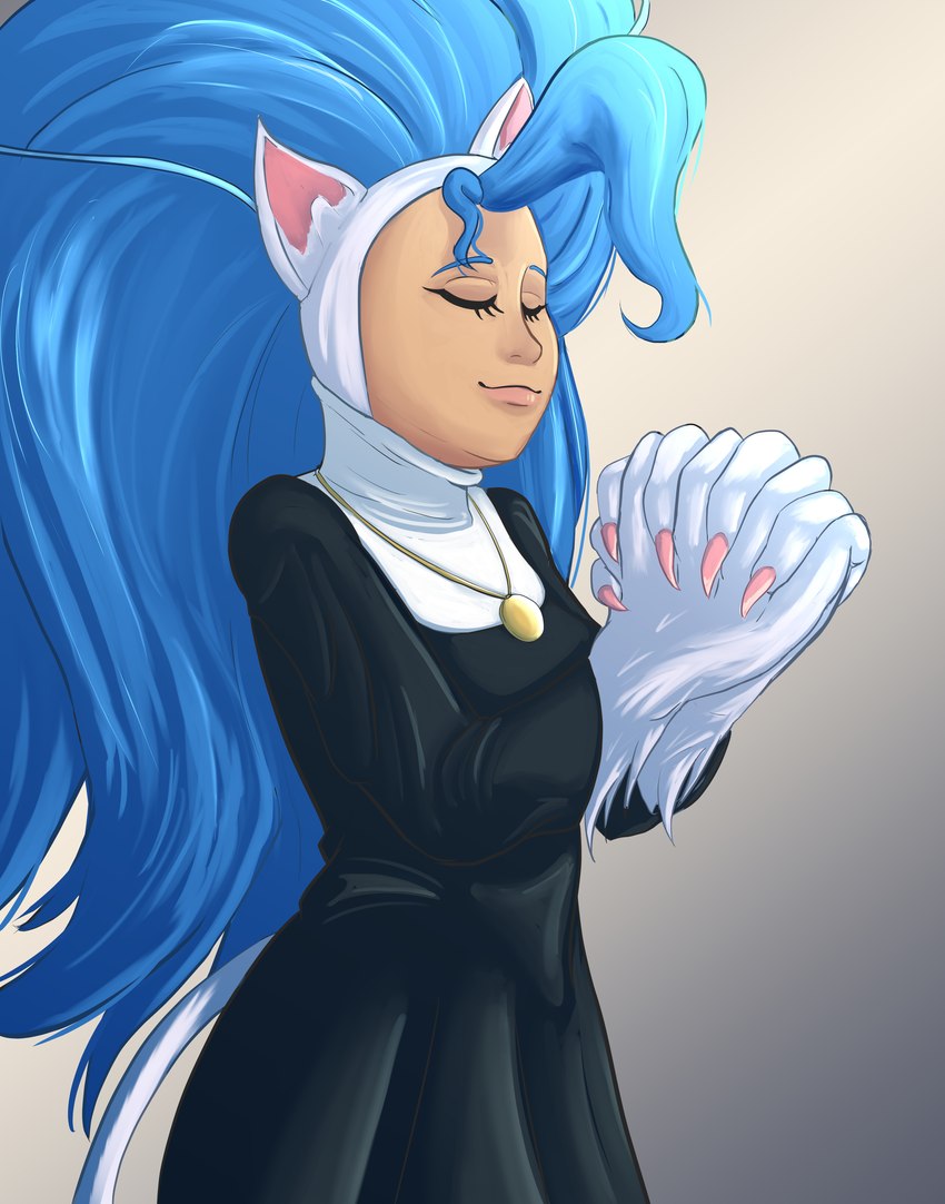 big_hair blue_hair clasped_hands clothing eyes_closed female hair locket nun nun_habit nun_outfit praying praying_hands religious_clothing solo geminart capcom darkstalkers felicia_(darkstalkers) felid feline humanoid mammal werecat werecreature werefelid werefeline 2024 absurd_res digital_drawing_(artwork) digital_media_(artwork) digital_painting_(artwork) hi_res