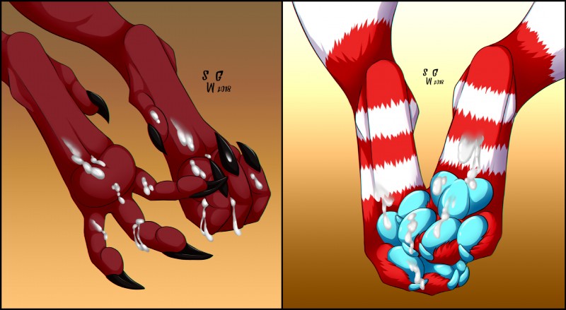 ambiguous_form ambiguous_gender black_border bodily_fluids border claws cum cum_on_feet disembodied_leg feet foot_shot fur genital_fluids pawpads paws red_body red_fur solo talons toe_claws toes white_body white_fur silvergrin ambiguous_species hi_res multiple_images signature