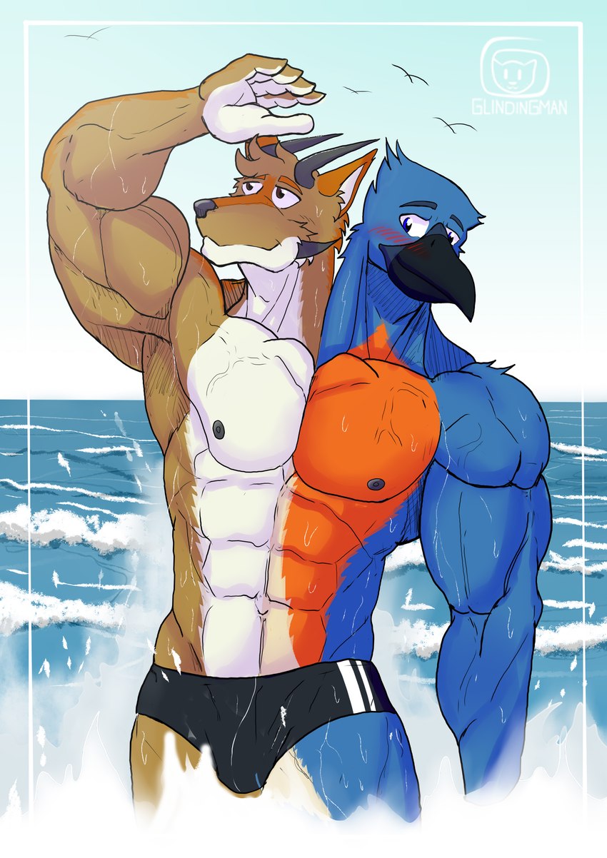 2_heads anthro biceps blush clothing male merging multi_head muscular muscular_anthro muscular_male nipples partially_submerged pecs raised_arm sea shading_eyes solo speedo swimwear vein veiny_muscles water wet soendapuss alberto_(antifreeze) nepberto neptune_mereaux avian bird bluebird canid canine canis coyote eastern_bluebird hybrid mammal oscine passerine thrush_(bird) absurd_res hi_res