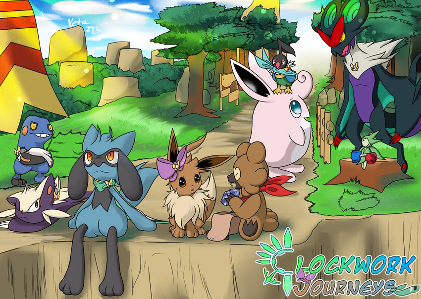 anthro female feral group male semi-anthro text xetajts nintendo pokemon pokemon_mystery_dungeon spike_chunsoft koray_(clockwork_journeys) vivian_(clockwork_journeys) bidoof chatot croagunk eevee generation_1_pokemon generation_3_pokemon generation_4_pokemon generation_6_pokemon noivern pokemon_(species) riolu roselia stunky wigglytuff comic cover cover_art cover_page english_text