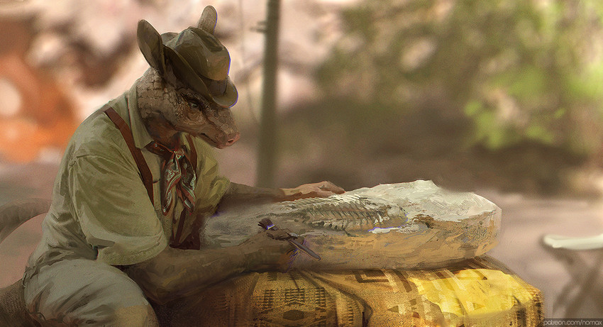 anthro brush clothed clothing day detailed_background fossil hat headgear headwear male outside paleontologist solo nomax armadillo arthropod mammal marine prehistoric_species trilobite xenarthran 2021 digital_media_(artwork)