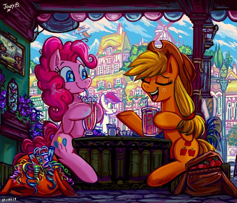 beverage building clothing cutie_mark drinking duo_focus female feral group happy hat hat_only headgear headgear_only headwear headwear_only mostly_nude open_mouth open_smile smile jowybean friendship_is_magic hasbro my_little_pony applejack_(mlp) pinkie_pie_(mlp) rose_(mlp) earth_pony equid equine horse mammal pony absurd_res hi_res