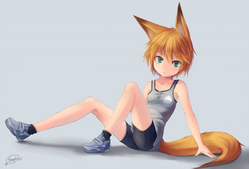 arm_support big_ears blonde_hair bottomwear clothed clothing female footwear fox_tail green_eyes hair legwear looking_at_viewer orange_hair shirt shoes short_hair shorts sitting sneakers socks solo spandex spandex_shorts tank_top tight_bottomwear tight_clothing tight_shorts topwear dreadtie animal_humanoid canid canid_humanoid canine canine_humanoid fox fox_humanoid humanoid mammal mammal_humanoid