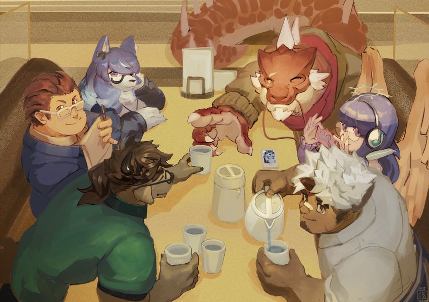 anthro beverage blue_hair brown_body brown_fur clothing coffee eating female fur green_clothing green_shirt green_topwear group hair horn looking_at_viewer lunch male red_body red_scales restaurant scales shirt tan_body tan_scales tanned_skin topwear white_body white_clothing white_fur white_hair white_shirt white_topwear wings itohiro0305 asian_mythology east_asian_mythology japanese_mythology lifewonders mythology tokyo_afterschool_summoners akiha_gongen_(tas) catoblepas_(tas) hekate_(tas) itzamna_(tas) kuniyoshi_(tas) leannan_sidhe_(tas) bovid bovine canid canine cattle horned_humanoid human humanoid iguana iguanid lizard mammal reptile scalie tengu winged_humanoid yokai hi_res