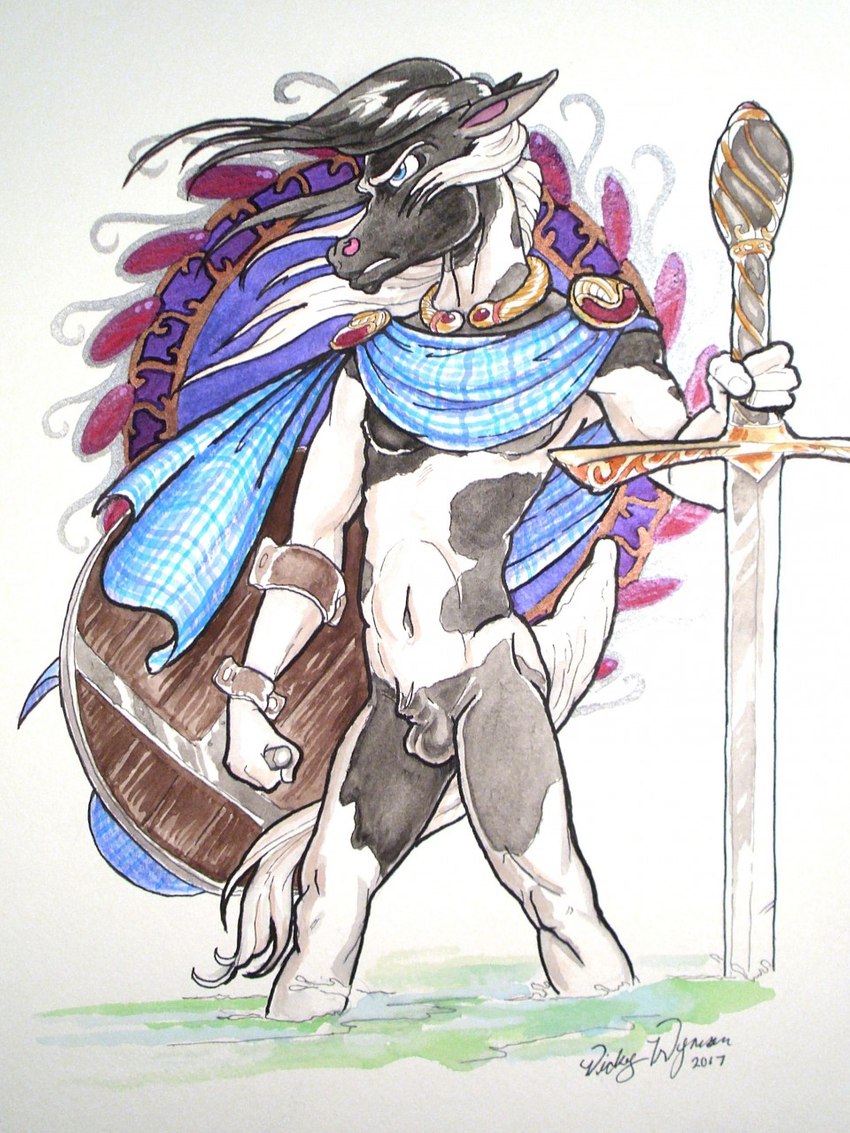 angry animal_genitalia anthro balls big_sword black_body black_fur black_hair blue_clothing blue_eyes clothing deep_navel flaccid fully_sheathed fur genitals hair male melee_weapon mostly_nude mostly_nude_anthro mostly_nude_male multicolored_body navel penis sheath shield simple_background solo standing sword warrior water weapon white_background white_body white_fur white_hair vicky_wyman equid equine horse mammal 2017 3:4 hi_res signature traditional_media_(artwork)