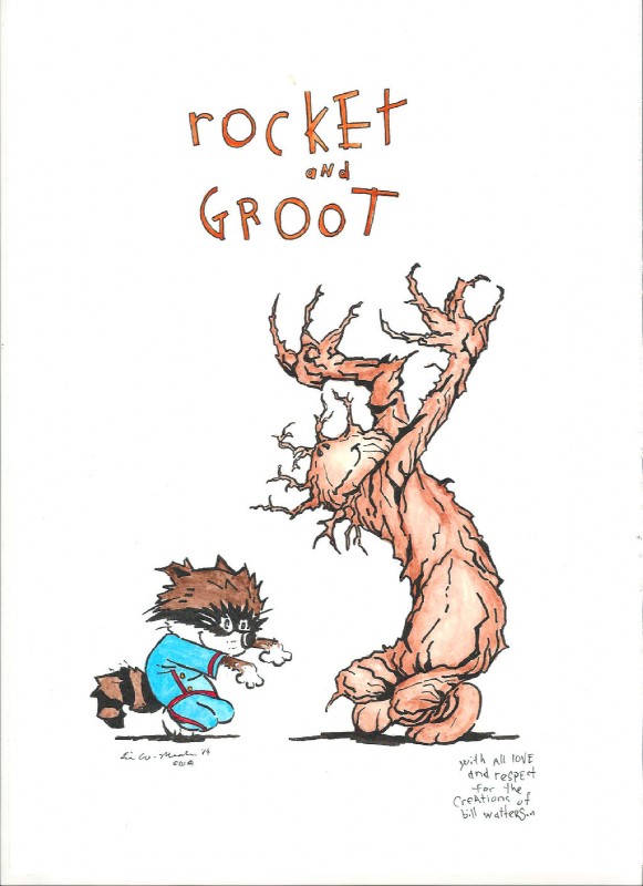 ambiguous_gender anthro dancing duo humor male parody plant text tree bill_watterson eric_meador calvin_and_hobbes guardians_of_the_galaxy marvel groot rocket_raccoon elemental_creature elemental_humanoid flora_colossus flora_fauna humanoid mammal plant_humanoid procyonid raccoon english_text hi_res traditional_media_(artwork)