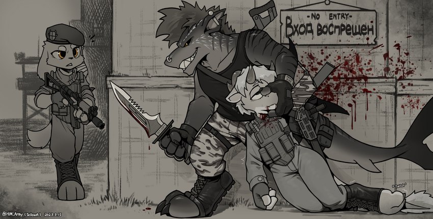 anthro assault_rifle blood blood_on_knife bodily_fluids clothed clothing death digitigrade fur gore group gun killing knife male military ranged_weapon rifle trio weapon him_army mythology dragon fish furred_dragon furred_scalie lagomorph leporid mammal marine mythological_creature mythological_scalie rabbit scalie shark hi_res monochrome