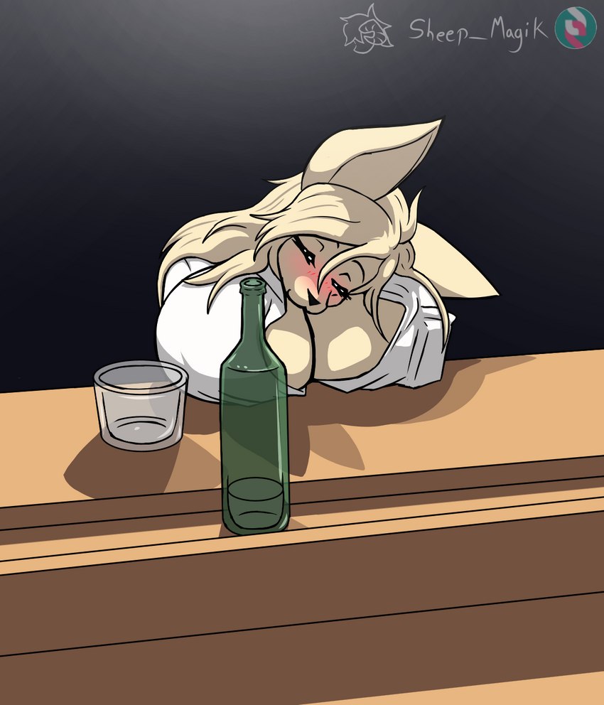 alcohol anthro beverage big_breasts bimbo_anthro blonde_hair blush breast_pillow breasts clothed clothing drunk female fur hair short_stack simple_background smile solo substance_intoxication sheep_magik sleeping_on_breasts_(meme) dollena_lockheart canid canine fennec_fox fox mammal true_fox digital_drawing_(artwork) digital_media_(artwork) hi_res herm_(lore)