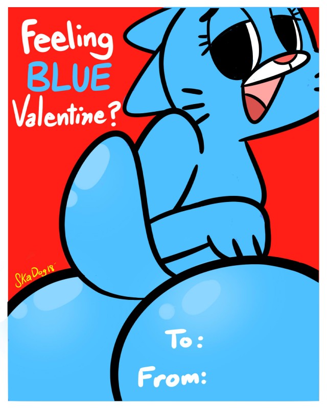 anthro blue_body blue_fur butt female fur holidays looking_at_viewer looking_back mature_anthro mature_female nude open_mouth presenting presenting_hindquarters rear_view red_background simple_background solo text whiskers skadog cartoon_network the_amazing_world_of_gumball valentine's_day nicole_watterson domestic_cat felid feline felis mammal 2018 4:5 digital_media_(artwork) english_text hi_res