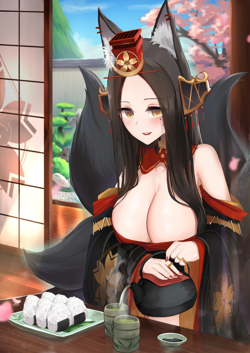 asian_clothing beverage big_breasts black_hair breasts cherry_blossom cleavage clothed clothing day detailed_background ear_piercing ear_ring east_asian_clothing female flower food hair hat headgear headwear long_hair looking_at_viewer multi_tail onigiri piercing plant pouring_tea prunus_(flower) rice ring_piercing smile solo tail tea tea_kettle yattsu animal_humanoid canid canid_humanoid canine canine_humanoid fox_humanoid humanoid mammal mammal_humanoid 2020 absurd_res hi_res