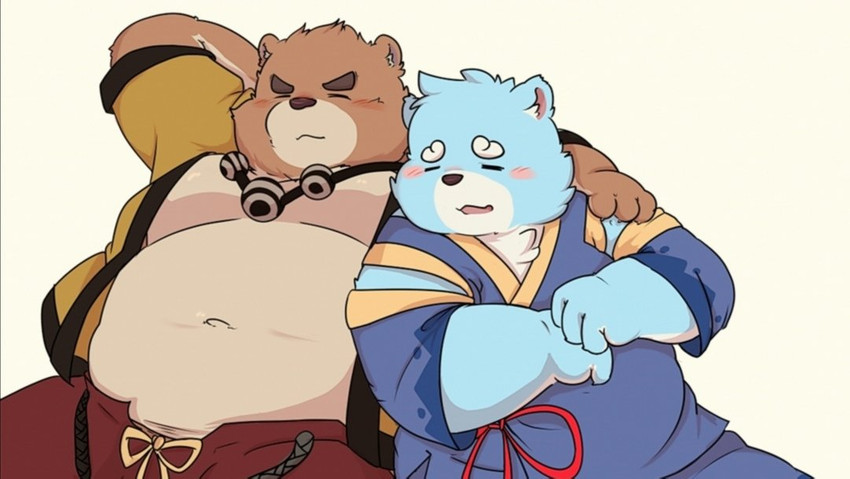 anthro belly blue_body blue_fur brown_body brown_fur clothing duo fur hug kemono male moobs navel overweight overweight_male robe simple_background sitting young awa_awa bonasiah full_attack sophring_hao bear mammal 2020