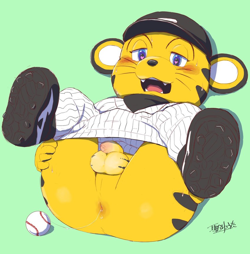 anthro anus ball balls baseball_(ball) baseball_uniform blush butt clothing foreskin genitals heart_eyes heart_symbol humanoid_genitalia humanoid_penis male mascot penis shirt solo sportswear topwear uniform yellow_body young young_anthro hijirinoyuta felid mammal pantherine tiger 2022 hi_res