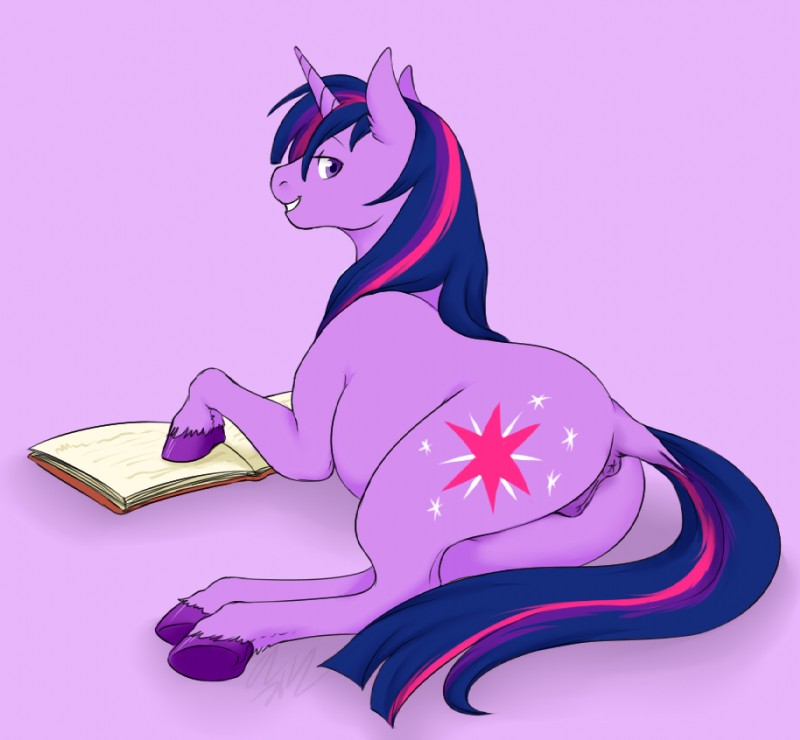 anatomically_correct anatomically_correct_genitalia anatomically_correct_pussy animal_genitalia animal_pussy anus book butt cutie_mark dock_(anatomy) equine_genitalia equine_pussy female feral fur genitals hair hooves horn looking_at_viewer looking_back lying multicolored_hair nude on_side puffy_anus purple_background purple_body purple_eyes purple_fur purple_hair pussy simple_background smile solo tail teeth two_tone_hair cartoonlion friendship_is_magic hasbro my_little_pony mythology twilight_sparkle_(mlp) equid equine mammal mythological_creature mythological_equine unicorn 2012 signature