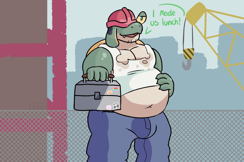 anthro armor belly_peeking_out clothed clothing construction_site construction_worker exposed_belly food green_body hard_hat headgear helmet looking_at_viewer lunchbox male overweight overweight_anthro overweight_male shirt simple_background slightly_chubby slightly_chubby_male solo tank_top text topwear lettucelechuga nintendo pokemon appletun food_creature generation_8_pokemon pokemon_(species) 3:2 hi_res