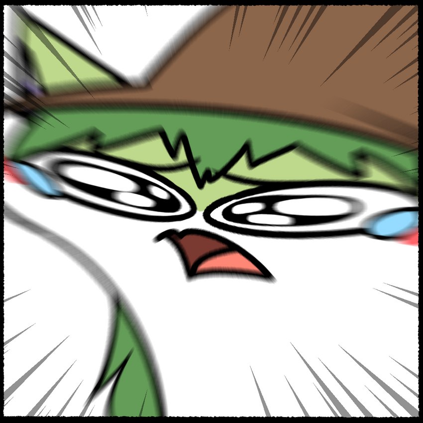 ambiguous_gender black_border bodily_fluids border chibi clothing emote feral fur green_body green_fur green_hair hair hat headgear headwear looking_at_viewer motion_lines open_mouth sad solo tears tongue knoxisnotdead straviios domestic_cat felid feline felis mammal 1:1 2022 meme