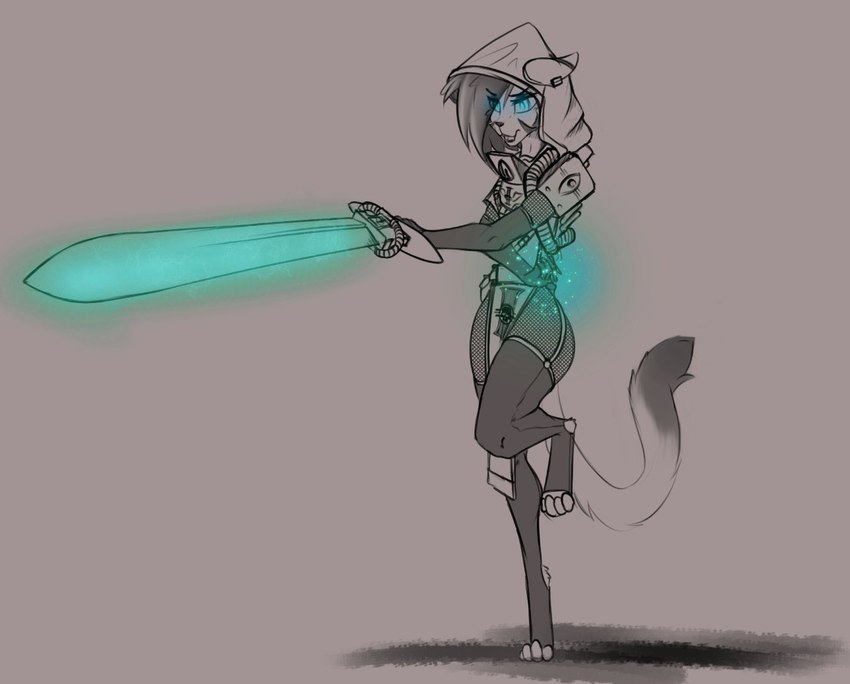 anthro armwear blue_eyes bottomwear clothing elbow_gloves femboy gloves glowing glowing_eyes glowing_sword handwear hood insignia legwear loincloth long_tail magic magic_user male power_sword psyker solo stockings tail fluffterry darktide warhammer_(franchise) warhammer_40000 cornyx_(fluffterry) domestic_cat felid feline felis mammal