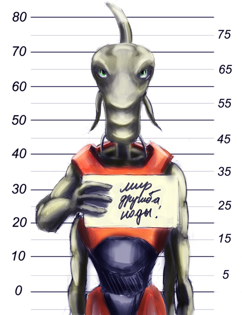 3_fingers ambiguous_gender barbel_(anatomy) clothed clothing fingers green_body green_eyes green_skin horn jail_placard looking_at_viewer mugshot multi_arm multi_limb simple_background solo spacesuit text white_background lizardeng 1c_company elemental_games katauri_interactive space_rangers alien amphibian peleng 2013 digital_media_(artwork) hi_res russian_text translated