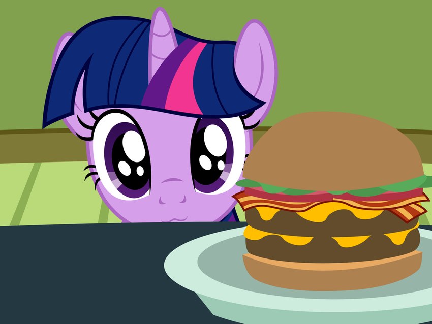 :3 bacon burger burger_bun cheese dairy_products eyes_on_the_prize female feral food fruit hair horn lettuce meat plant plate purple_body purple_eyes purple_hair solo tomato vegetable badumsquish friendship_is_magic hasbro my_little_pony mythology twilight_sparkle_(mlp) equid equine mammal mythological_creature mythological_equine unicorn hi_res