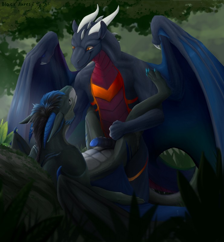 anthro black_penis blue_penis duo forest genitals horn male male/male paws penis plant ridged_penis tail tree urethra wings blackaures european_mythology mythology bunsen dragon mythological_creature mythological_scalie scalie western_dragon absurd_res hi_res