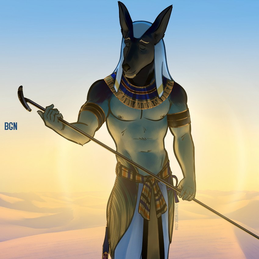 abs anthro desert dunes facial_hair feet goatee humanoid_feet humanoid_hands male nipples pecs plantigrade solo bgn egyptian_mythology middle_eastern_mythology mythology anubis anubian_jackal canid canine canis deity jackal mammal 1:1 hi_res shaded soft_shading