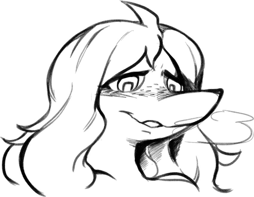 anthro eyelashes female freckles hair long_hair mature_anthro mature_female smile snout solo soren_(artist) cavemanon_studios snoot_game tarja_(snoot_game) dinosaur prehistoric_species reptile scalie theropod troodon troodontid 2024 black_and_white monochrome sketch