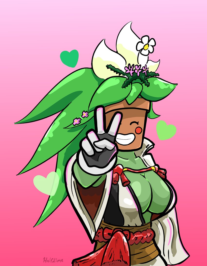 asian_clothing big_breasts blush breasts clothed clothing cosplay crossover_cosplay east_asian_clothing female gesture gloves green_body green_skin hand_gesture handwear heart_symbol japanese_clothing kimono not_furry open_clothing open_topwear plant plant_hair plant_pot pseudo_hair smile smiley_face solo topwear v_sign half_dime arc_system_works blaster_master guilty_gear baiken kanna_(blaster_master) humanoid absurd_res crossover hi_res