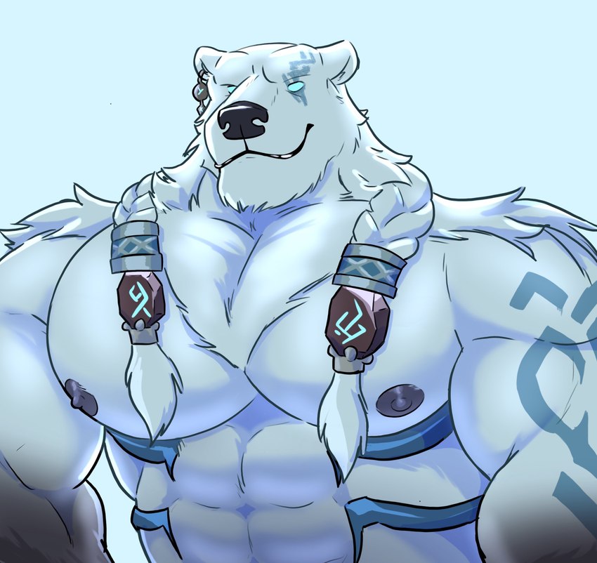 abs anthro biceps big_pecs fur looking_at_viewer male muscular muscular_anthro muscular_male nipples nude pecs simple_background smile solo teeth white_body white_fur zekebearr league_of_legends riot_games tencent volibear bear humanoid mammal polar_bear ursine hi_res