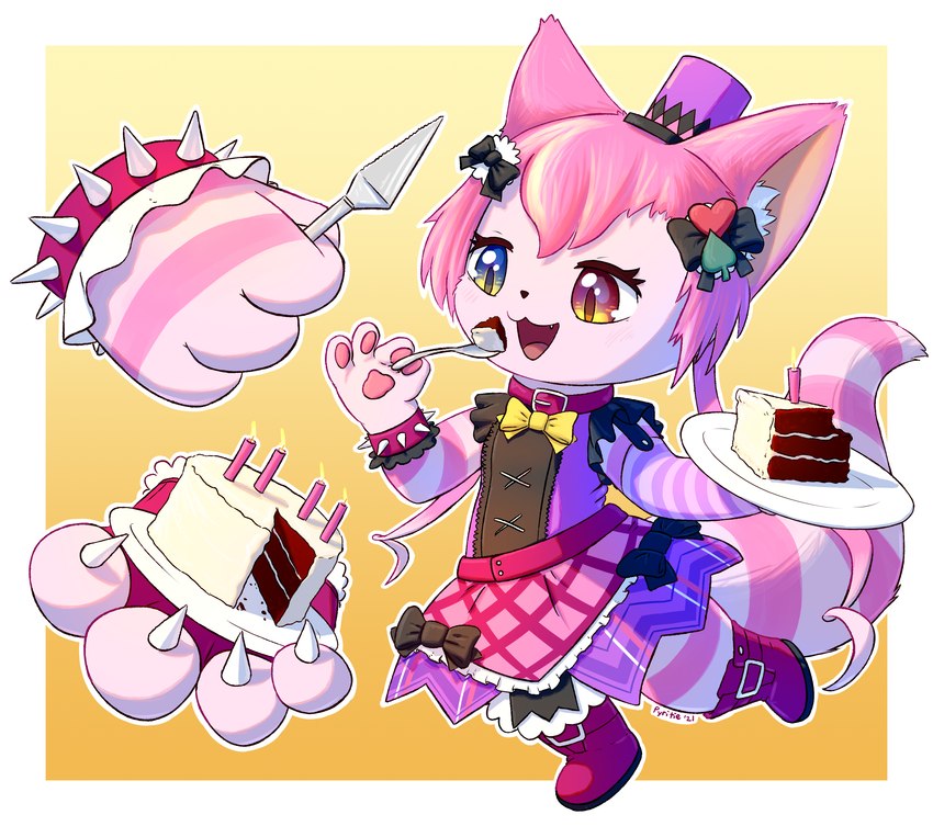 accessory alternative_fashion arm_warmers armwear belt big_tail boots bottomwear bracelet cake candle chibi claws clothed clothing collar cutlery dessert eating female floating_hands food footwear fork fur hair hair_accessory hat headgear headwear j-fashion jewelry kemono kitchen_utensils knife lolita_(fashion) open_mouth open_smile pink_body pink_fur pink_hair ribbons semi-anthro shoes simple_background skirt smile solo spiked_bracelet spikes stripes tail tail_under_skirt tools top_hat pyritie cat_busters cheshire_(cat_busters) cheshire_cat_(species) domestic_cat felid feline felis mammal 2021 absurd_res digital_media_(artwork) hi_res