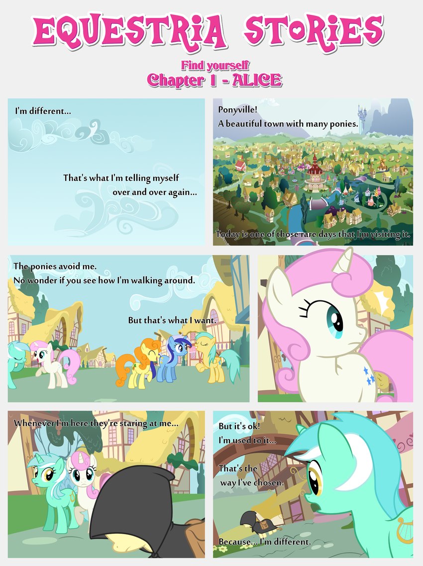 bag building cloak clothing cloud cutie_mark dialogue ears_up equestria eyes_closed female feral folded_wings group hair head_down hood horn messenger_bag obscured_eyes obscured_face open_mouth orange_hair orange_tail pink_hair pink_tail ponyville smile tail text wings estories friendship_is_magic hasbro my_little_pony mythology ponyvania alice_goldenfeather_(estories) carrot_top_(mlp) lyra_heartstrings_(mlp) minuette_(mlp) sunshower_raindrops_(mlp) twinkleshine_(mlp) earth_pony equid equine horse mammal mythological_creature mythological_equine pegasus pony unicorn absurd_res english_text hi_res